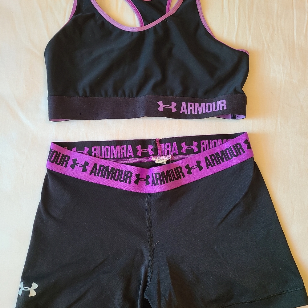 Under Armour sports bra and compression short set purple